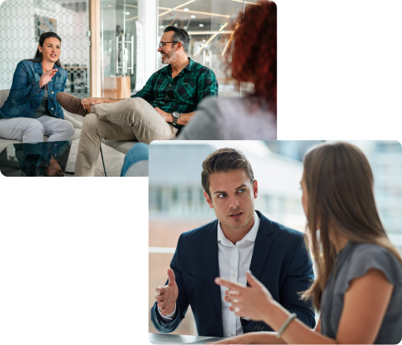 Two layerd pictures of colleagues talking and laughing in meeting Two layerd pictures of colleagues talking and laughing in meeting