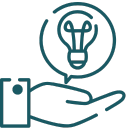 Icoon van een hand met een gloeilamp erboven, symboliseert ideeën of ondersteuning bij innovatie.