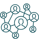 Icoon van een netwerk van personen rond een wereldbol, symboliseert internationale samenwerking of een wereldwijd netwerk