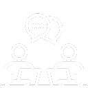 Icon of two talking people with word balloons and papers in their hands, symbolizes consultation or collaboration.