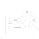 White icon of a laptop with candidate profiles and a magnifying glass, symbolizes the search for suitable candidates.