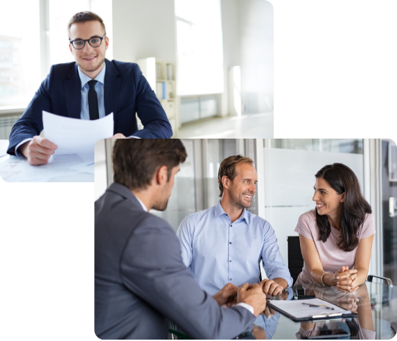 Collage of a man with paper in his hand, smiling in an office setting, and a group of three people in conversation during a business meeting at a glass table. Collage of a man with paper in his hand, smiling in an office setting, and a group of three people in conversation during a business meeting at a glass table.